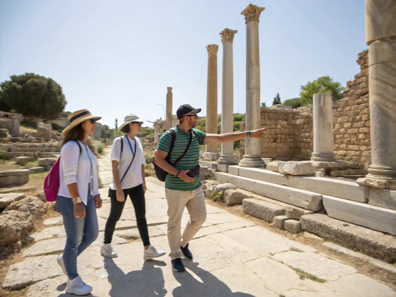 A photograph showcasing a guided tour group exploring a beautifully preserved historical site, led by a knowledgeable guide who is pointing out key architectural features.